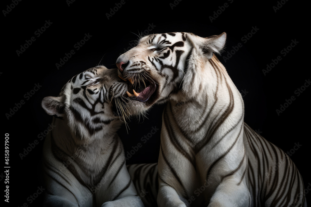 a white tiger and an orange tiger licking each other, front view, black background, ai generated.