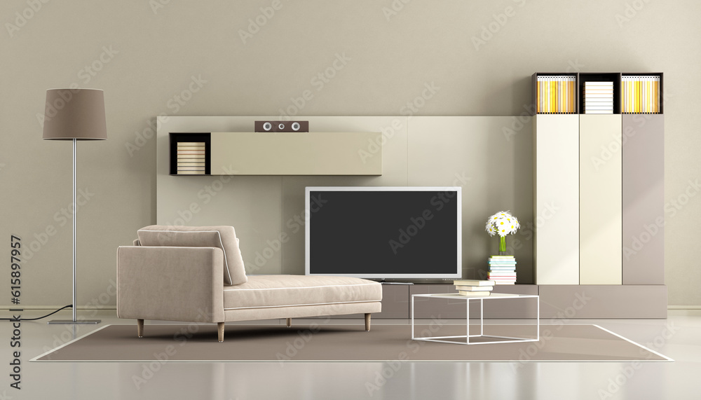 Modern living room with chaise lounge and tv unit - 3d rendering
