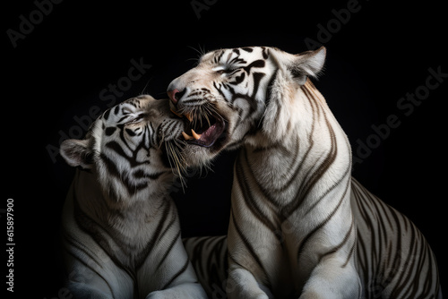 a white tiger and an orange tiger licking each other  front view  black background  ai generated.