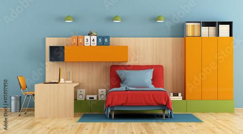 Teenage bedroom with single bed, desk,laptop and shelf on wooden panel-3d rendering