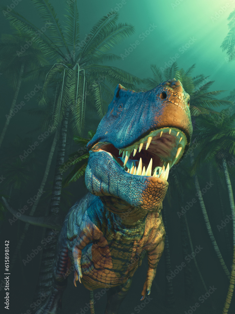 Dino dinosaurs with large fangs in a forest. This is a 3d render illustration