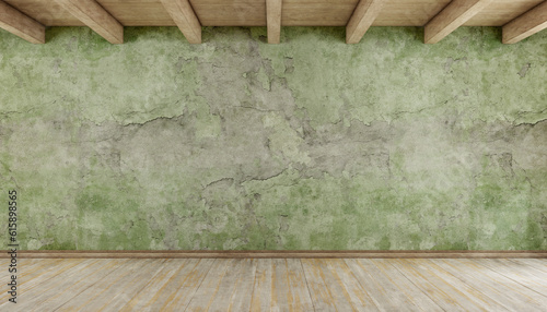 Fototapeta Naklejka Na Ścianę i Meble -  Empty grunge room with old wall, hardwood floor and roof beams - 3d rendering