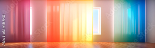 Beautiful futuristic and modern multicolor room with natural sunbeam lighting for product presentation. generated AI