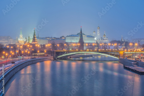 Sunrise view of Moscow Kremlin and Moscow River in Moscow  Russia. Moscow architecture and landmark  Moscow cityscape