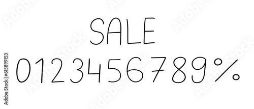 Hand drawn any percent off numbers ink discount font special offer lettering. Vector design illustration in cartoon doodle style isolated on white background. For banner, card, coupon, seasonal sale.