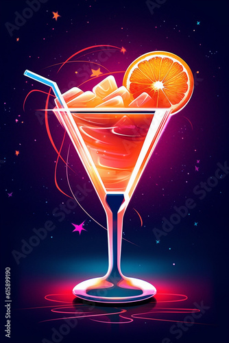 Cocktail Drink im kleinen Cocktailglas mit Orange und Strohhalm in Neonfarben und Neonlicht. Hochkant. Hochformat. Generative Ai. photo