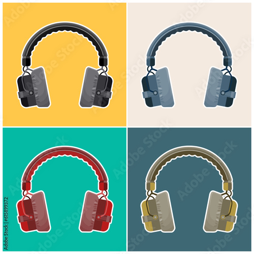 Studio headphones in four different colors. Collage, poster, vector set