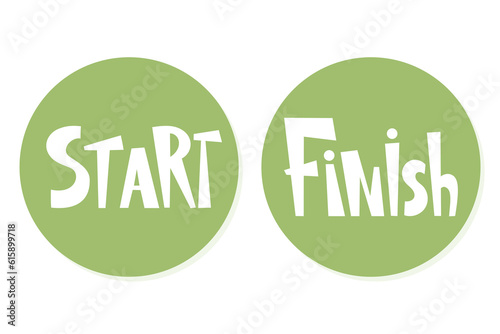 Vector isolated Round cartoon stickers for children game with Start and Finish lettering.