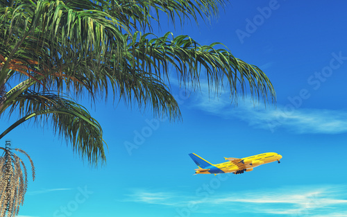 Fototapeta Naklejka Na Ścianę i Meble -  Flying yellow airplane up a tall palm tree in a cloudy sky. This is a 3d render illustration