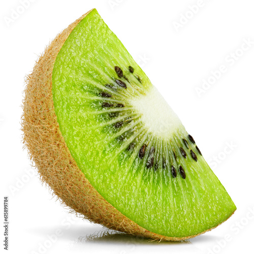 Ripe slice of kiwi fruit stand isolated on white background