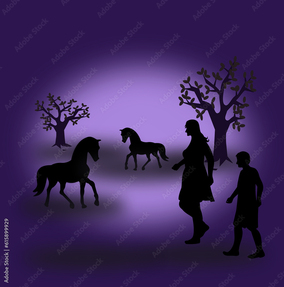 Two horses and a woman and a boy in the twilight.