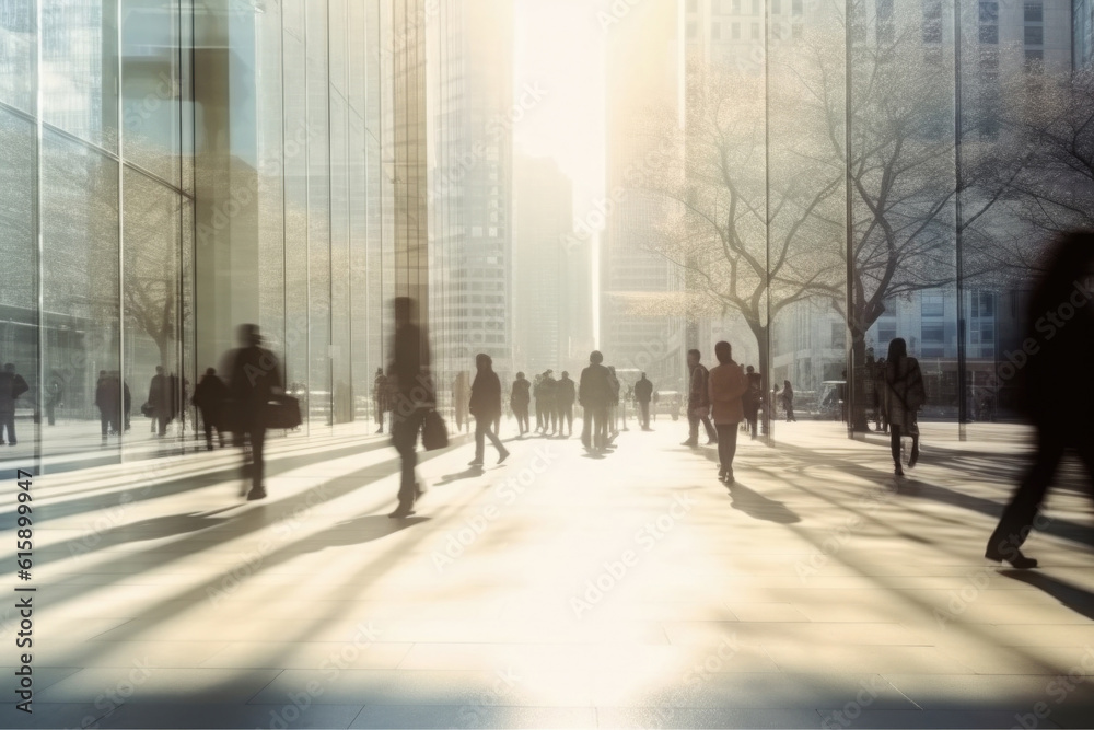 Silhouettes of group of people in downtown with motion blur effect. Crowd of people walking at city street. Unrecognizable people on the road. City life. Created with Generative AI