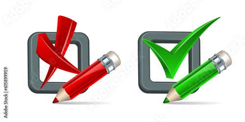3d Check Marks pros and cons. Green mark and red cross in checkbox.