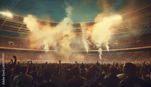 Fans at stadium are burning flares and smoke bombs. Football stadium during soccer match. Created with Generative AI