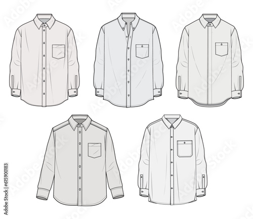 Men's Formal Office Wear Shirts Fashion Flat Sketch Vector Illustration, CAD, Technical Drawing, Flat Drawing, Template, Mockup.