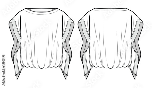 Kaftan Top  Front and Back View. Fashion Flat Sketch Vector Illustration, CAD, Technical Drawing, Flat Drawing, Template, Mockup.