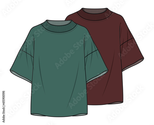 Rib Neck Oversize T-Shirt,  Baggy T-Shirt Sets Fashion Flat Sketch Vector Illustration, CAD, Technical Drawing, Flat Drawing, Template, Mockup.