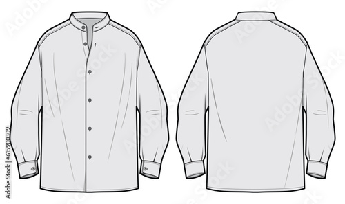 Men's Band Collar Long Sleeve Shirt Front and Back View. Fashion Flat Sketch Vector Illustration, CAD, Technical Drawing, Flat Drawing, Template, Mockup.