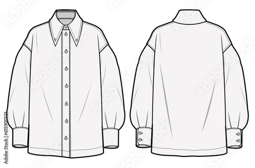 Swallow Tailed Collar Shirt Drop Shoulder Bishop Sleeve Shirt Front and Back View. Fashion Flat Sketch Vector Illustration, CAD, Technical Drawing, Flat Drawing, Template, Mockup.