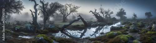Enchanting lunar-lit marsh landscape with twisted ancient trees, misty ambiance, and moss-covered rocks - awaken emotions and mystery in your project. Generative AI