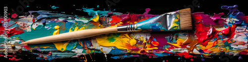 Captivating close-up panoramic view of artist's brushes and palette with paint splatters, exuding creative energy for art, inspiration, and creativity projects. Generative AI photo