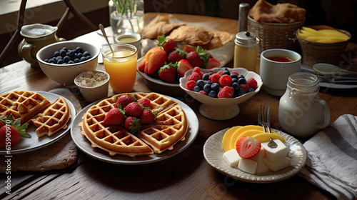 some breakfast foods on a table with milk, eggs, strawberries, and other food items in the background
