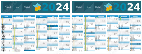 Calendrier 2024 12 mois au format 320 x 420 mm recto verso entièrement modifiable via calques et texte sans serif