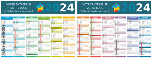 Calendrier 2024 12 mois au format 320 x 420 mm recto verso entièrement modifiable via calques et texte sans serif