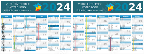 Calendrier 2024 12 mois au format 320 x 420 mm recto verso entièrement modifiable via calques et texte sans serif
