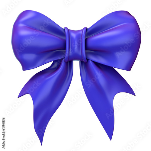 Blue, violet glossy ribbon bow. 3D render illustration isolated on white background