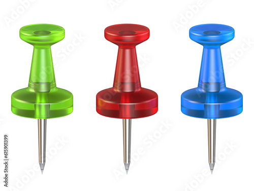 Color push pins. Front view. 3D render illustration isolated on white background