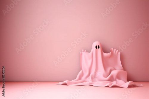pink background with pink ghost with copy space. Copy space, Halloween holiday photo