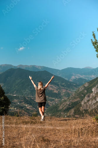 Travel. Girl travels through mountains glamping, tents,nature.Unity,mental health,eco travel.Hiking mountains,wildlife,van life vibes,wellness travel, retreat,digital detox,natural landscapes