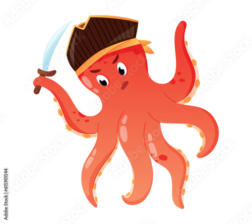 Cute pirate octopus with wide brimmed hat and a dagger. Vector cartoon isolated kid character.