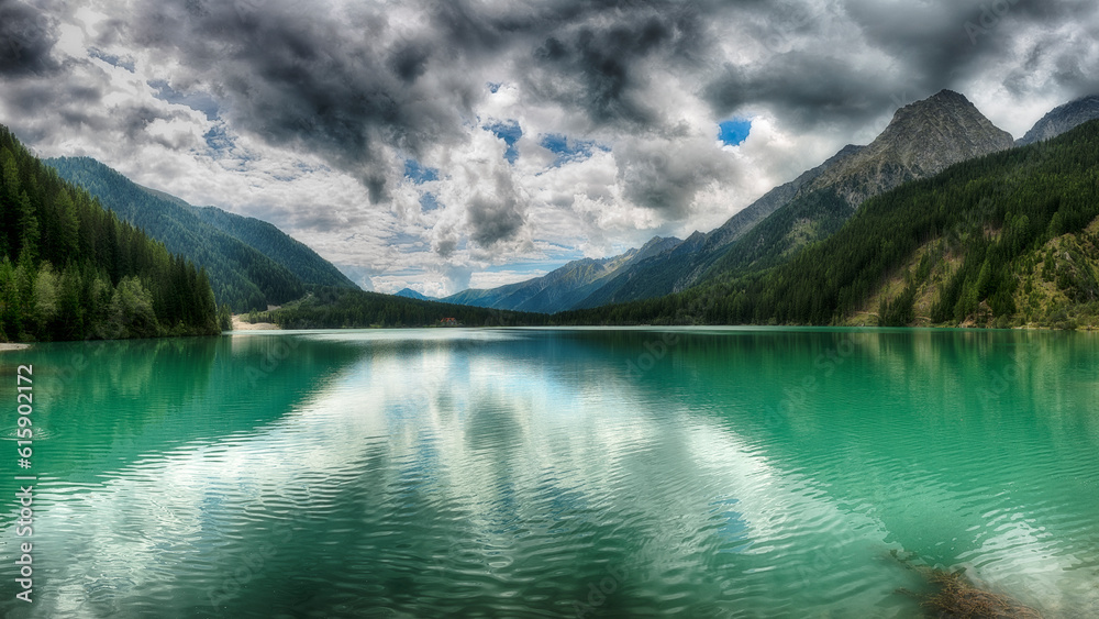 Lake of Anterselva surrounded by mountains with blue sky and dark clouds in the background on a summer day, Sud Tirol, Italy