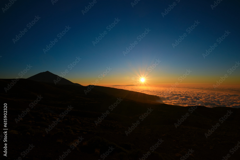 Landscape of the Teide volcano at sunset. Silhouette against the light