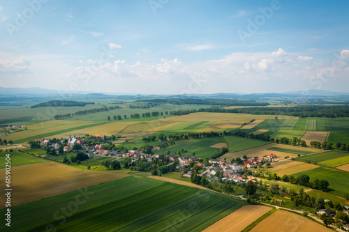 Bobolice, aerial view of polish village, Lower Silesian landscape. Drone view of beautiful, countryside landscape. 