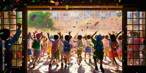 Magical children scene with joyful kids leaving school, backpacks bouncing & colorful confetti raining from sky; capturing excitement of vacation start. Generative AI
