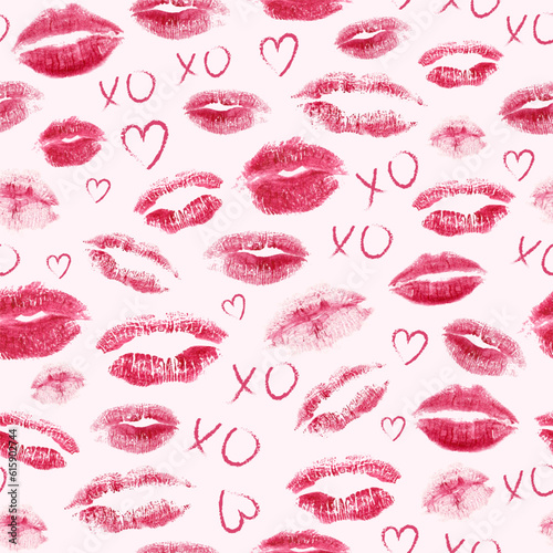 Kisses and hearts romantic print seamless pattern. Modern lips icons. Realistic lipstick print isolated on background. Trendy vector design for Valentines Day or wedding.