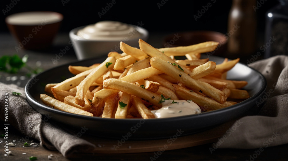 A plate of crispy french fries, perfectly seasoned and accompanied by a creamy dip sauce A plate of crispy french fries, perfectly seasoned and accompanied by a creamy dip sauce