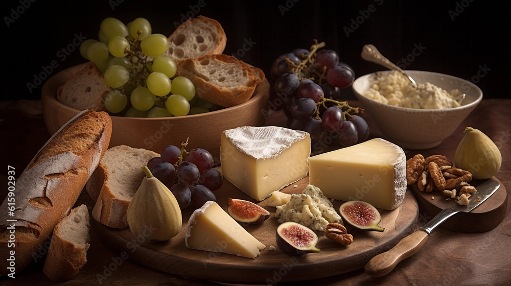 An assortment of aromatic cheeses, served with figs, grapes, and crusty baguette An assortment of aromatic cheeses, served with figs, grapes, and crusty baguette