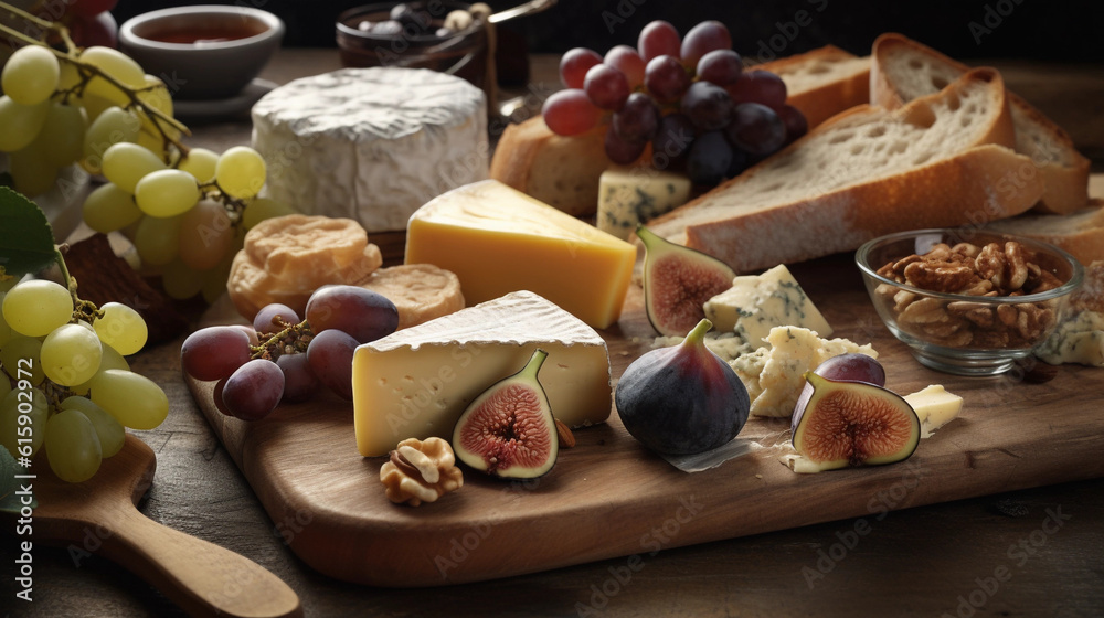 An assortment of aromatic cheeses, served with figs, grapes, and crusty baguette