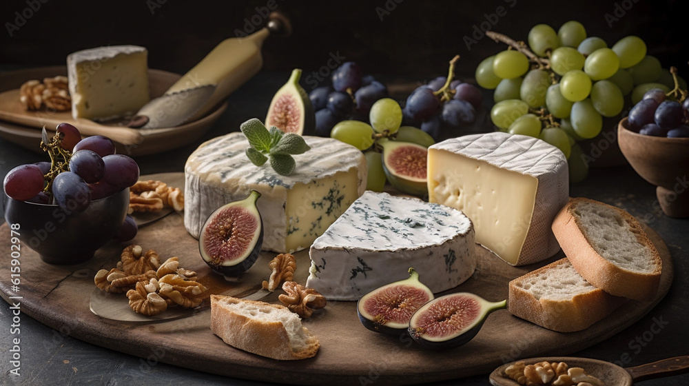 An assortment of aromatic cheeses, served with figs, grapes, and crusty baguette An assortment of aromatic cheeses, served with figs, grapes, and crusty baguette