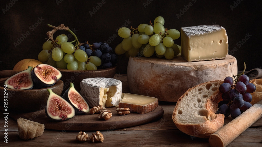 An assortment of aromatic cheeses, served with figs, grapes, and crusty baguette An assortment of aromatic cheeses, served with figs, grapes, and crusty baguette
