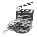 Film reels and movie clapper board. Video icon. 3D render illustration isolated on white background