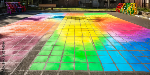 Enchanting sunlit playground with rainbow-colored chalk-drawn hopscotch, evoking magic and excitement of school holidays in a striking, visually appealing way. Generative AI photo
