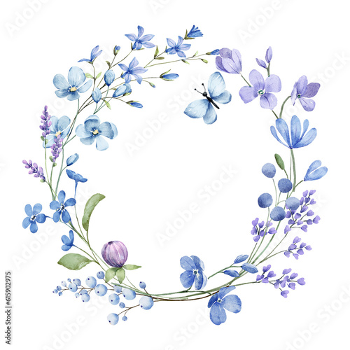 Photography Wreath with watercolor flowers, blue floral frame for greeting card, invitation and other printing design