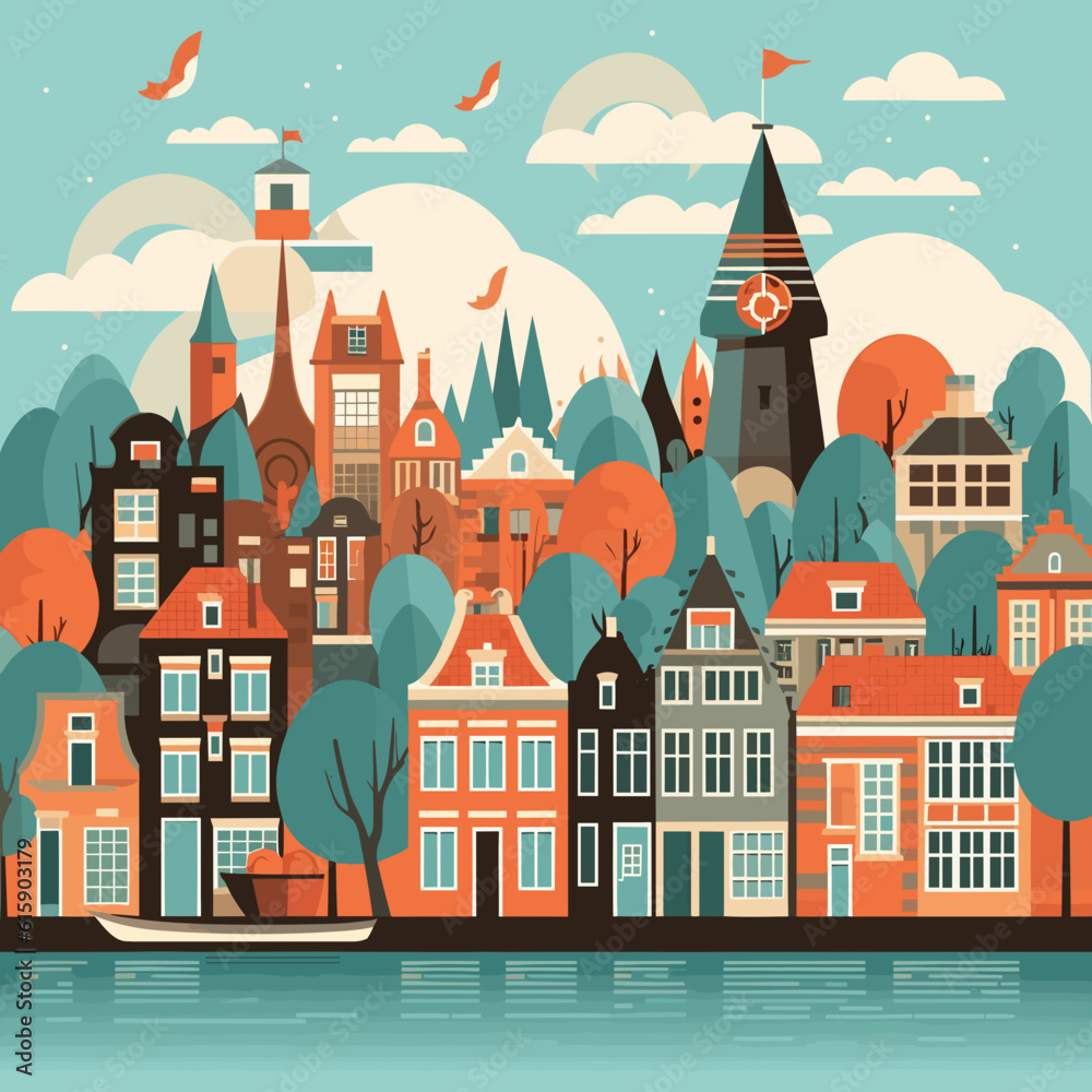Vector illustration of a typical town in the Netherlands. Riverbanks with typical dutch houses and buildings. cityscape, clouds