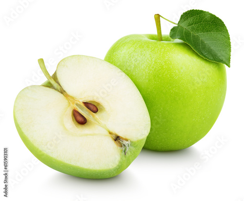 Ripe green apple fruit with apple half and green apple leaf isolated on white background. Apples and leaf with clipping path