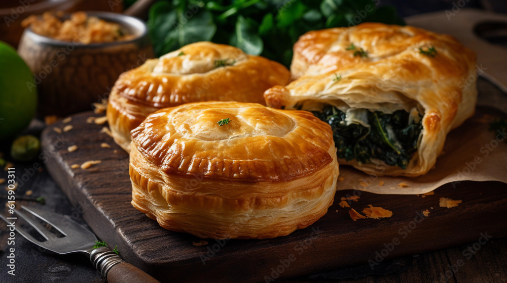 A tray of appetizing puff pastry pies filled with spinach and feta cheese A tray of appetizing puff pastry pies filled with spinach and feta cheese
